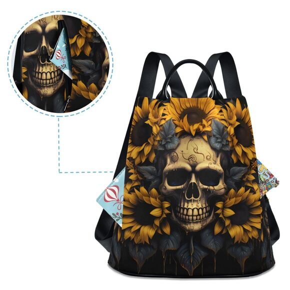 5004 Sunflower Smile Skull Travel Backpack Purse Multipurpose Design